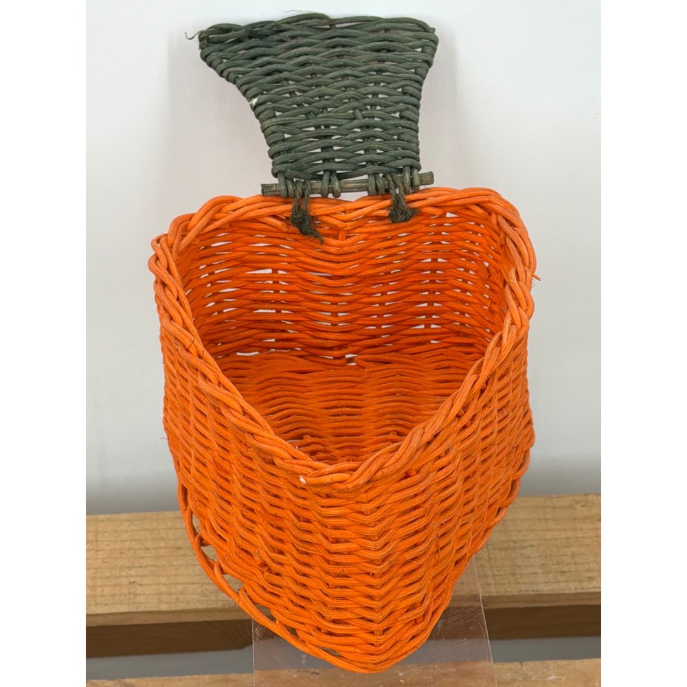Vintage Orange Wicker Carrot Basket Easter Decor Green Stem Woven Storage